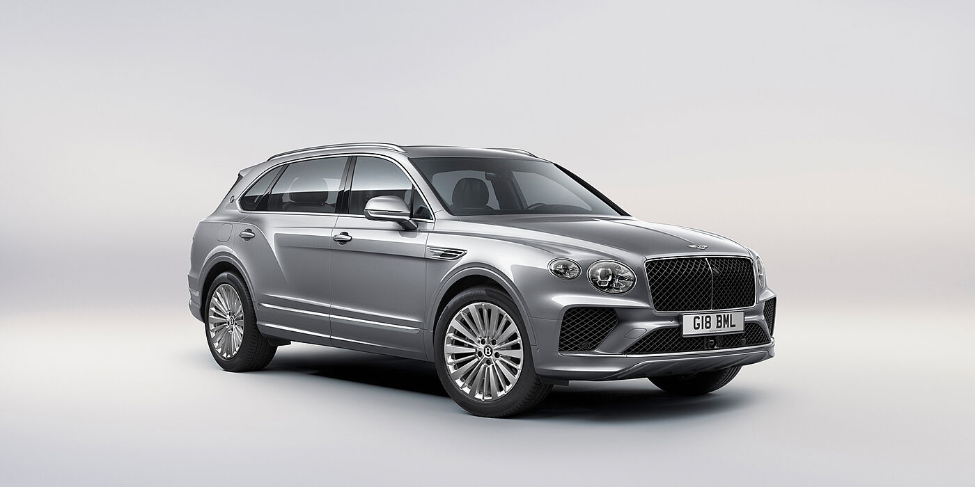 Bentley Melbourne Bentley Bentayga Extended Wheelbase luxury SUV front three quarter view in Moonbeam paint with 21 inch five spoke painted wheels