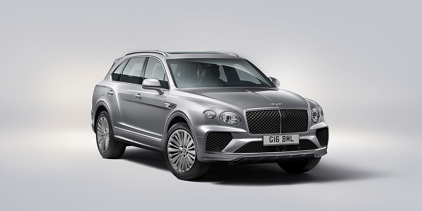 Bentley Melbourne Bentley Bentayga luxury SUV front three quarter view in Moonbeam paint with matrix grille and 21″ 5 spoke painted wheels