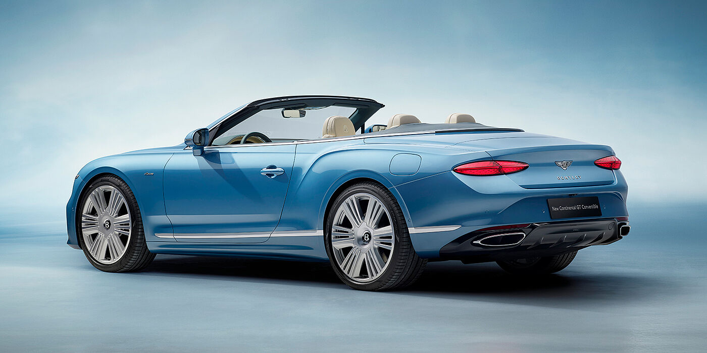 Bentley Melbourne New Bentley Continental GTC Azure convertible rear view in Light Windsor blue paint with 22 inch ten spoke wheels and chrome exterior details