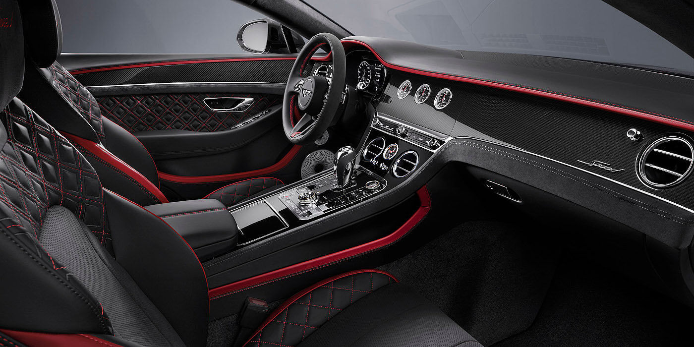 Bentley Melbourne Bentley Continental GT Speed coupe front interior in Beluga black and Hotspur red hide