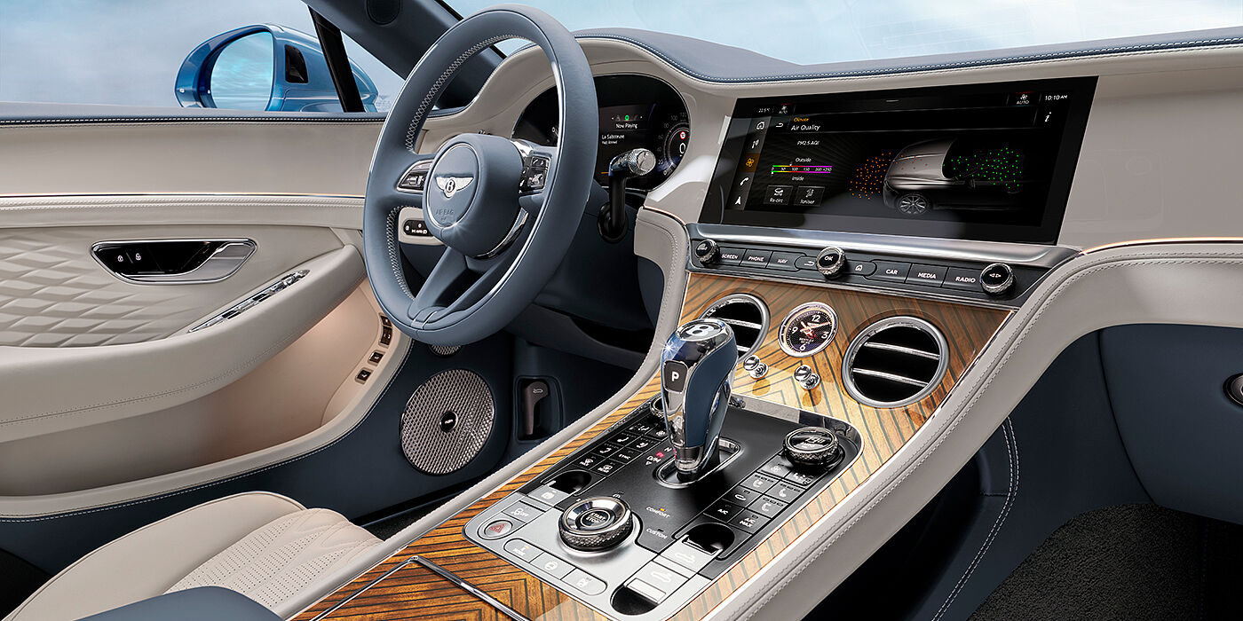 Bentley Melbourne New Bentley Continental GTC Azure convertible interior front cabin view with Linen and Brunel hides and Piano Linen by Mulliner veneer featuring centre console and centre MMI screen