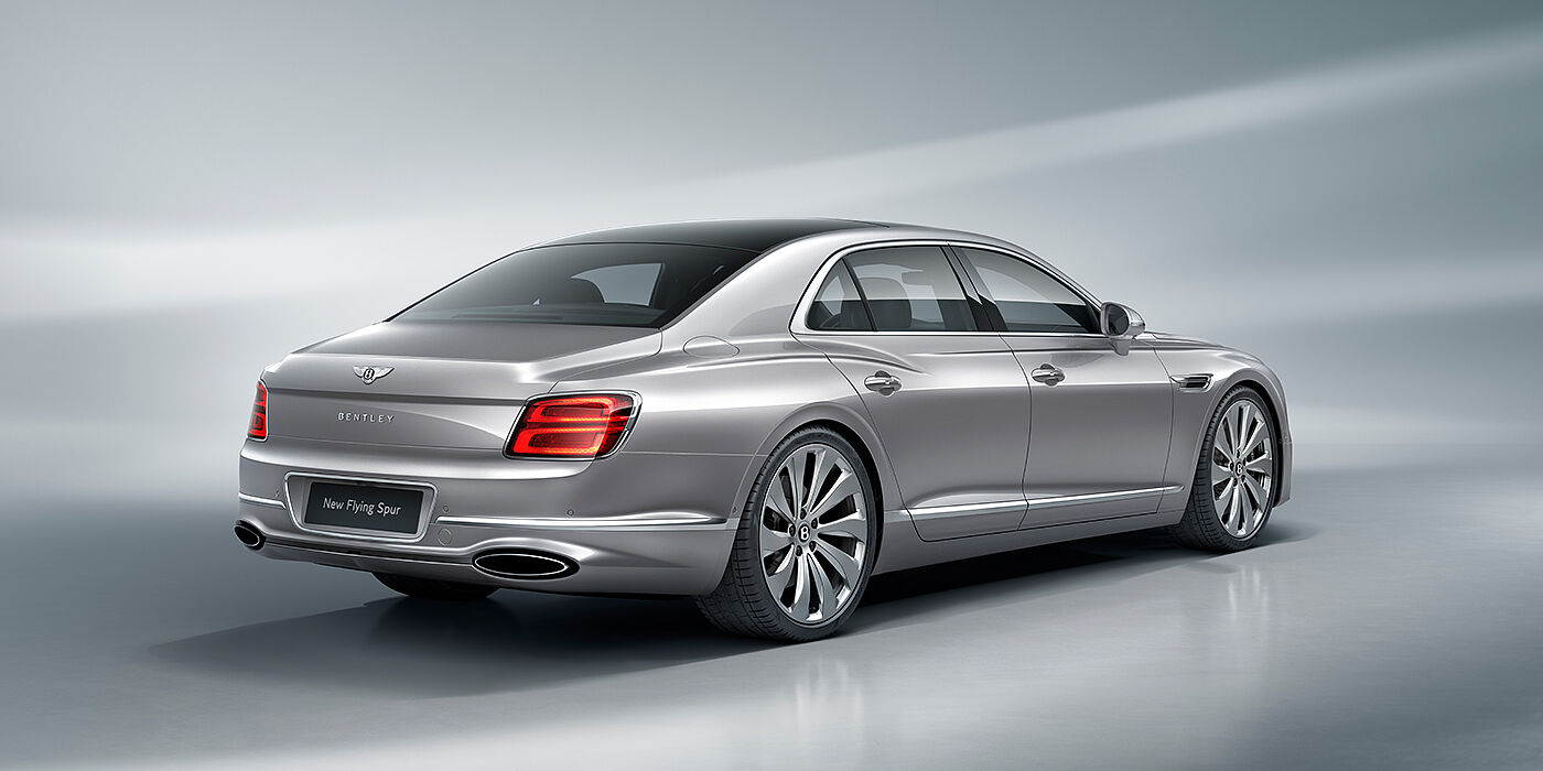 Bentley Melbourne New Bentley Flying Spur sedan rear view in Silverlake paint with ten spoke wheels and chrome matrix grille