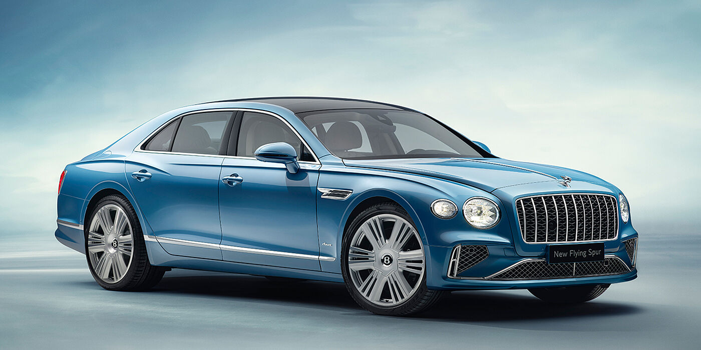 Bentley Melbourne New Bentley Flying Spur Azure sedan front view in Light windsor blue by Mulliner paint with 22 inch Azure wheels and chrome exterior details