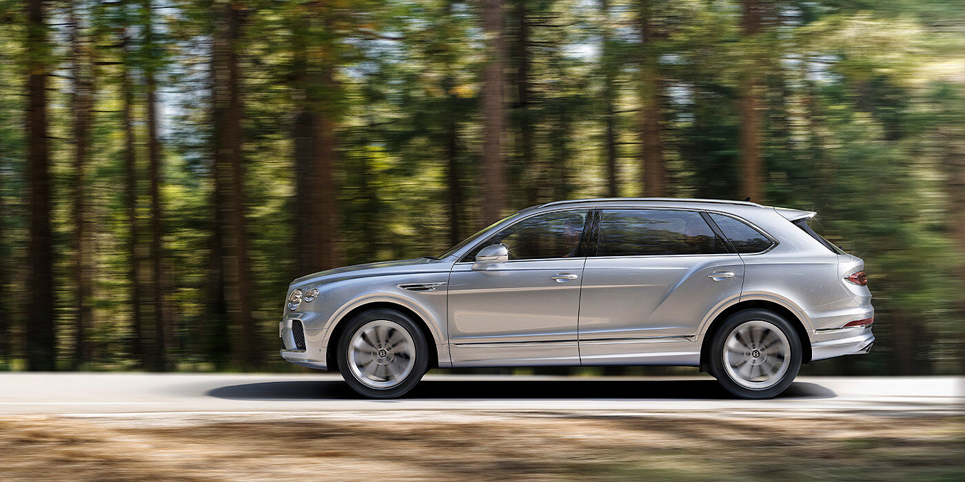 Bentley Melbourne Bentley Bentayga EWB in Moonbeam colour driving through forest.