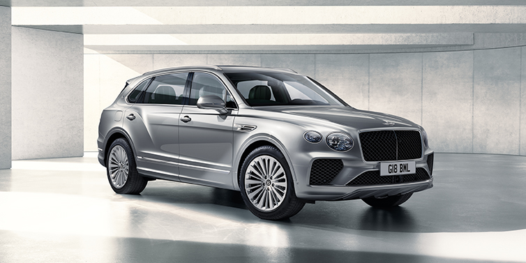 Bentley Melbourne Bentley Bentayga Extended Wheelbase SUV front three quarter in Moonbeam paint with a grey background