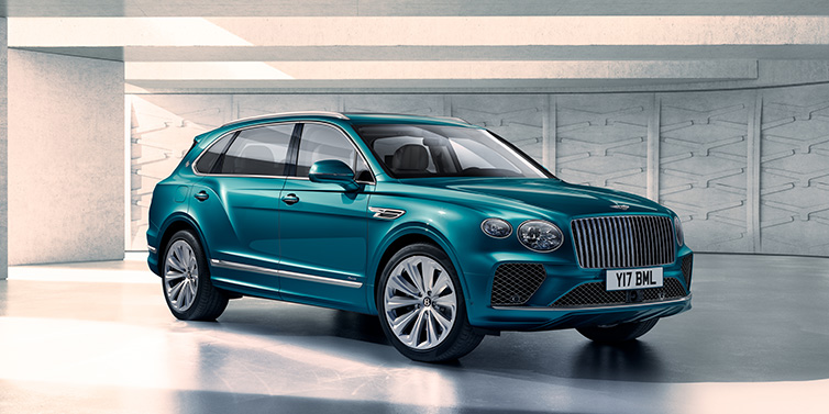 Bentley Melbourne Bentley Bentayga Extended Wheelbase Azure SUV front three quarter in Topaz blue paint colour with a grey background