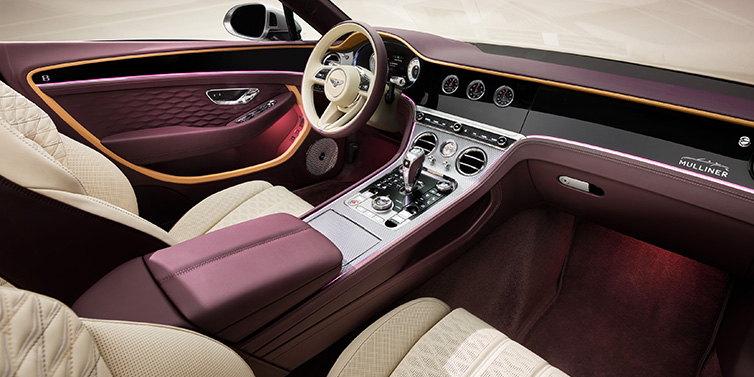 Bentley Melbourne Bentley Continental GTC Mulliner convertible front interior including Linen and Damson purple hides and Grand Black veneer