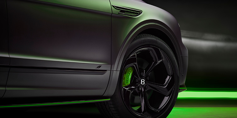 Bentley Melbourne Bentley Bentayga S Black Edition SUV exterior wheel detail with Cyber Green brakes with Anthracite Satin paint